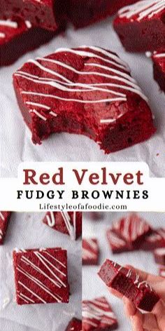 red velvet fudge brownies with white frosting on top and in the middle