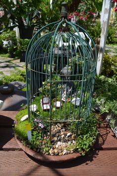 a birdcage filled with rocks and plants