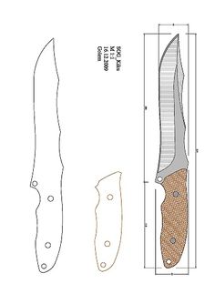 the knife is shown with measurements for it and has been cut out to show its size