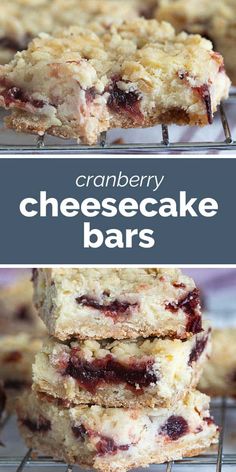 cranberry cheesecake bars stacked on top of each other with text overlay