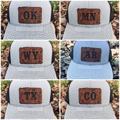 four different hats with the letters on them