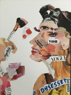 collage of woman's face surrounded by words and images that include hair, makeup, lipstick, eyeliners