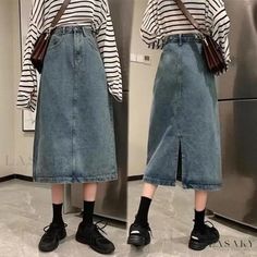 Lasaky - High-Waisted Denim Skirt with Side Slit, Midi Length, Hip-Hugging Pencil Skirt High Waisted Denim Skirt, Midi Denim, Y2k Aesthetic Outfits, Mode Inspiration, Types Of Skirts, High Waisted Denim, Outfits Casuales