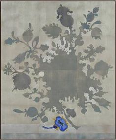 an image of a painting with flowers and leaves on the bottom right corner, in grey tones