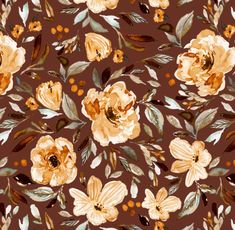 a floral pattern with orange flowers and green leaves on a brown background in watercolor