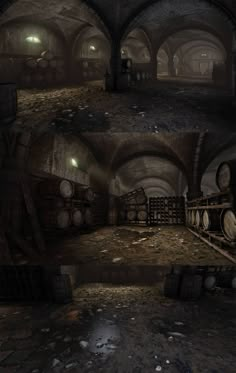 an underground cellar with lots of barrels in it