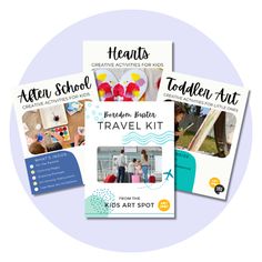 four travel kits for children and adults with the words, healthy school, toddler art