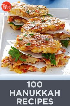 the cover of 100 hanukkah recipes, with an image of pancakes on it