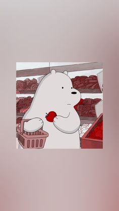 a polar bear holding an apple in front of some meats on display at a grocery store