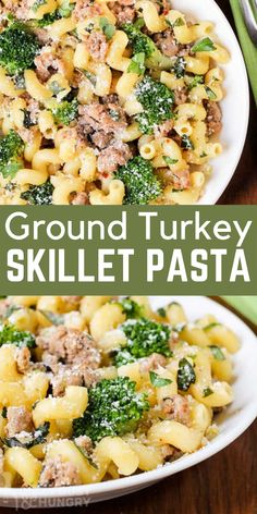 two plates filled with pasta, meat and broccoli on top of a wooden table