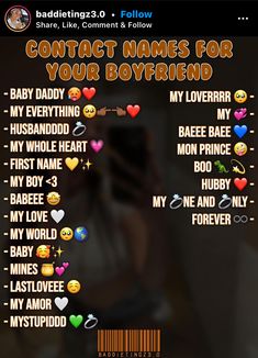 a poster with the words contact names for your boyfriend and other people's faces