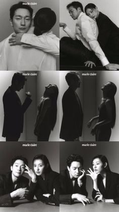 black and white images of people posing for pictures with their hands on each other's shoulders