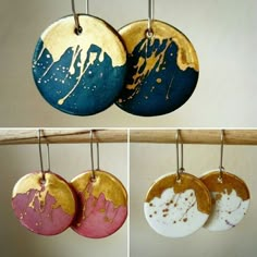 four different pictures of painted discs hanging from hooks