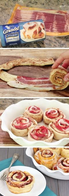 some food that is on a plate and in the middle of two pictures, one with bacon