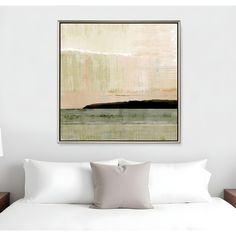 an abstract painting hangs above a bed with white pillows