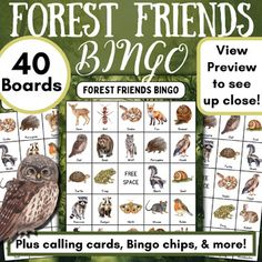 the forest friends bingo game has animals and birds on it