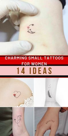 small tattoos for women on the wrist and hand, with text that reads charming small tattoos for