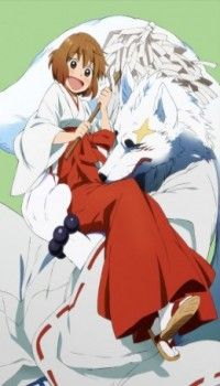 an anime character sitting on the back of a white wolf