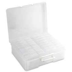 an open plastic storage box on a white background