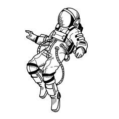 an astronaut is flying through the air with his hands out to catch something in front of him