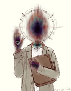 a drawing of a man with an eyeball on his head holding a folder in one hand