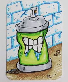 a drawing of a green spray can with teeth on it