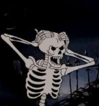 a cartoon skeleton holding a bow and arrow in front of a fence with other skeletons behind it