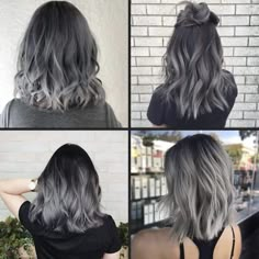 Ash Short Hair Color, Steel Grey Balayage, Short Black Hair With Grey Balayage, Black Silver Ombre Hair Short, Dark Grey Hair Charcoal Short, Gray Balayage On Dark Hair Short, Gray Tips Hair, Dark To Grey Balayage, Ombré Silver Hair