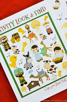 two children's stickers with pictures of animals and people on them, sitting next to each other