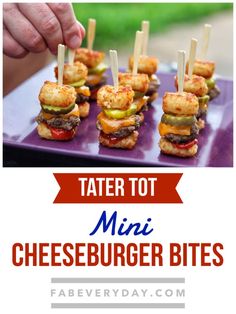 tater tot mini cheeseburger bites on a purple tray with text overlay