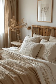 the bed is made with white linens and pillows