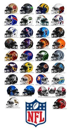 the nfl helmets in all different colors and sizes are shown on a white background with black lettering