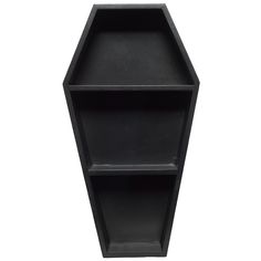 a black hexagonal shelf with two shelves on each side and one section open