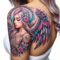 a woman's back with tattoos and wings on her shoulder, which is decorated with flowers