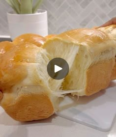 a person holding a piece of bread on top of a white plate