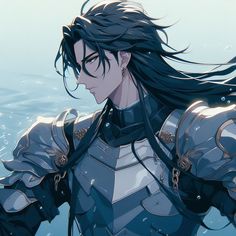 a man with long black hair standing in the water wearing armor and holding his hands on his hips