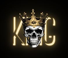 a skull with a crown on top of it's head and the word kcc written in gold