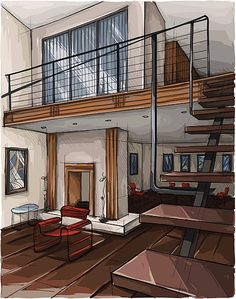 a drawing of a living room with stairs