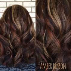 Cut and color by Amber bryson Brown Hair With Multi Colored Highlights, Dark Brown Hair With Amber Highlights, Brown Calico Hair, Subtle Calico Hair Brown, Amber Highlights, Calico Hair Subtle, Messy Highlights, Calico Hair On Curly Hair, Brown With Amber Highlights