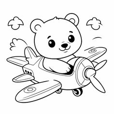 the teddy bear is flying on an airplane coloring pages for kids to print and color