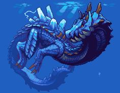 an image of a pixellated dragon in the water with its mouth open and wings spread out