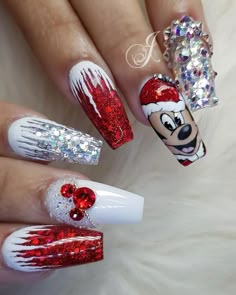 Disney Acrylic Nails, Mickey Nails, Xmas Nail Art, Red Christmas Nails, Christmas Nails Acrylic, Disney Nails