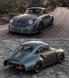 an old and new car on the road in two different pictures, one is silver