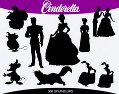 the silhouettes of disney characters are shown in black and white, as well as purple