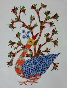 a painting of a peacock in front of a tree