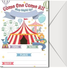 a circus themed birthday card with an envelope