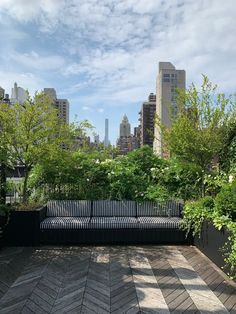 a bench sitting on top of a wooden floor next to trees and buildings in the background