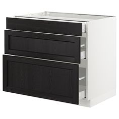 a black and white kitchen cabinet with drawers