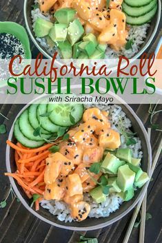 two bowls filled with rice, cucumber and carrots