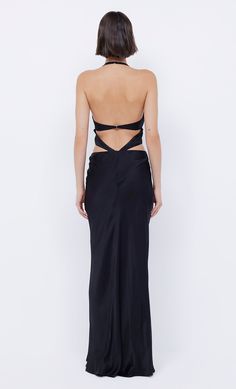 The BEC + BRIDGE Alabama Halter Dress is a flattering, going out style in a statement silhouette. The elevated style features flattering cut outs details connected with e-hooks through the bodice and a deep v front neckline and back. Sleek Tie-back Maxi Dress For Night Out, Sleek Tie-back Dress For Night Out, Sleek Tie Back Dress For Night Out, Black Backless Formal Dress With Tie Back, Formal Black Backless Dress With Tie Back, Black Backless Dress With Tie Back For Formal Occasions, Elegant V-neck Backless Dress With Cutout Back, Formal Halter Neck Backless Dress With Cutout Back, Black Halter Neck Dress With Back Opening